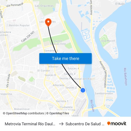 Metrovía  Terminal Río Daule. (Llegada) to Subcentro De Salud Vergeles map