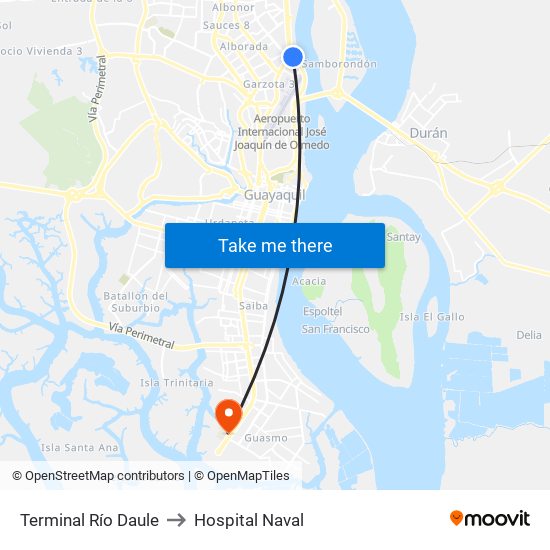 Terminal Río Daule to Hospital Naval map