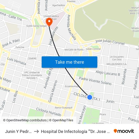 Junin Y Pedro Moncayo) to Hospital De Infectología ""Dr. Jose Daniel Rodriguez Maridueña"" map