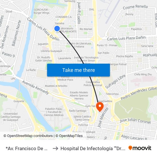 *Av. Francisco De Orellana - 3° Paseo  12 No to Hospital De Infectología ""Dr. Jose Daniel Rodriguez Maridueña"" map