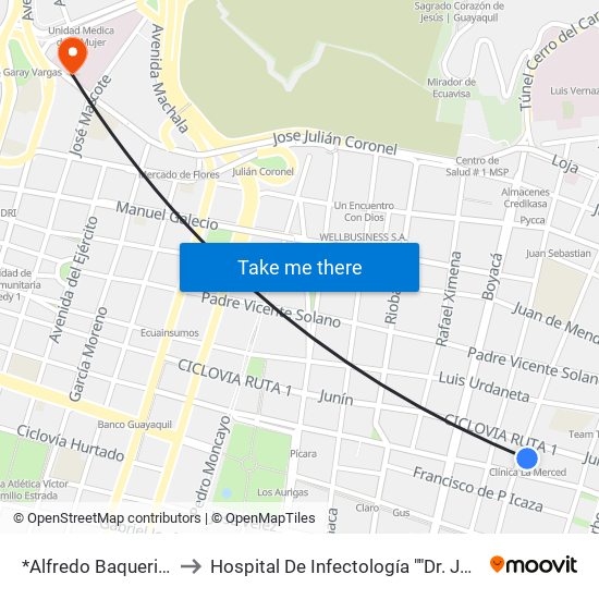 *Alfredo Baquerizo Moreno Y Junín to Hospital De Infectología ""Dr. Jose Daniel Rodriguez Maridueña"" map