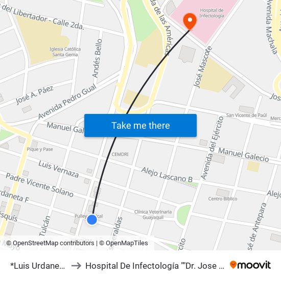 *Luis Urdaneta Y Los Rios to Hospital De Infectología ""Dr. Jose Daniel Rodriguez Maridueña"" map