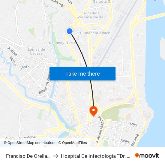 Franciso De Orellana (Miguel H. Alcivar) to Hospital De Infectología ""Dr. Jose Daniel Rodriguez Maridueña"" map