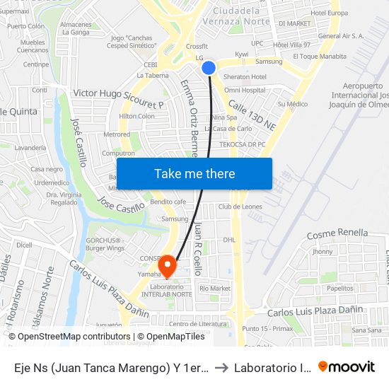 Eje Ns (Juan Tanca Marengo) Y 1er Callejon 13 NE (Calle Primera) to Laboratorio Interlab Norte map