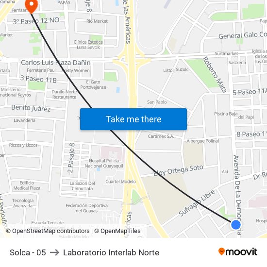 Solca - 05 to Laboratorio Interlab Norte map