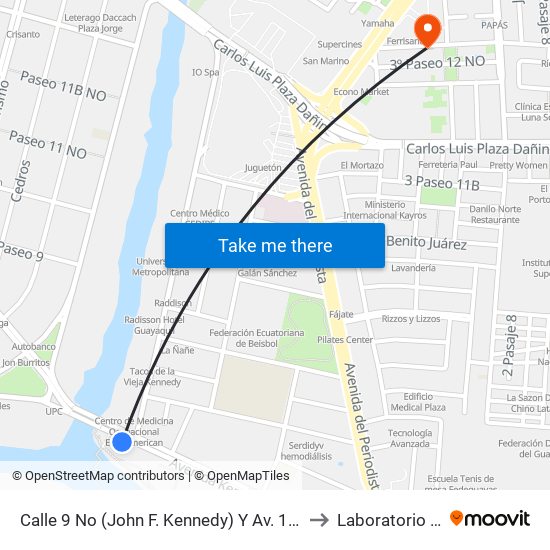 Calle 9 No (John F. Kennedy) Y Av. 10 No (Fortunato Safadi) (Guayarte) to Laboratorio Interlab Norte map