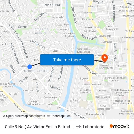 Calle 9 No ( Av. Víctor Emilio Estrada Y Av. Las Monjas (Bco. Del Pacifico) to Laboratorio Interlab Norte map