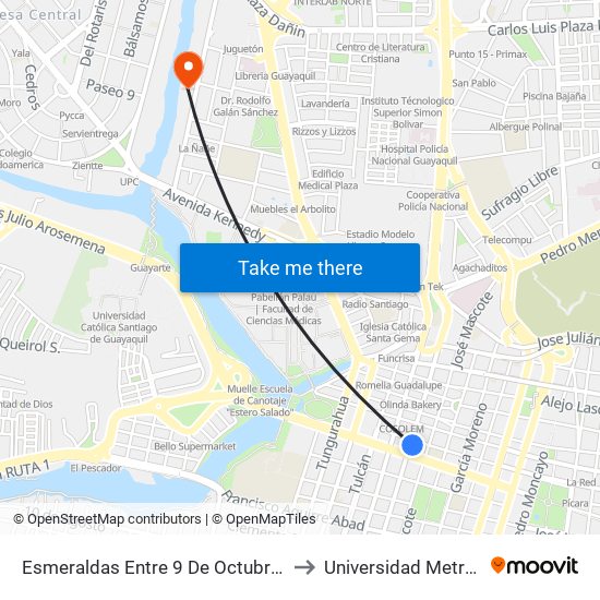 Esmeraldas Entre 9 De Octubre Y 1 De Mayo to Universidad Metropolitana map