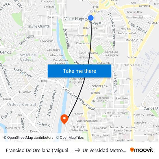 Franciso De Orellana (Miguel H. Alcivar) to Universidad Metropolitana map