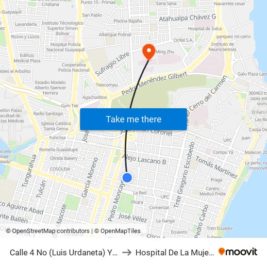 Calle 4 No (Luis Urdaneta) Y Av. 1 No (Pedro Moncayo) to Hospital De La Mujer Alfredo G. Paulson map