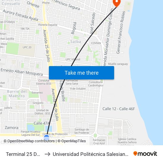 Terminal 25 De Julio to Universidad Politécnica Salesiana - Oficinas map