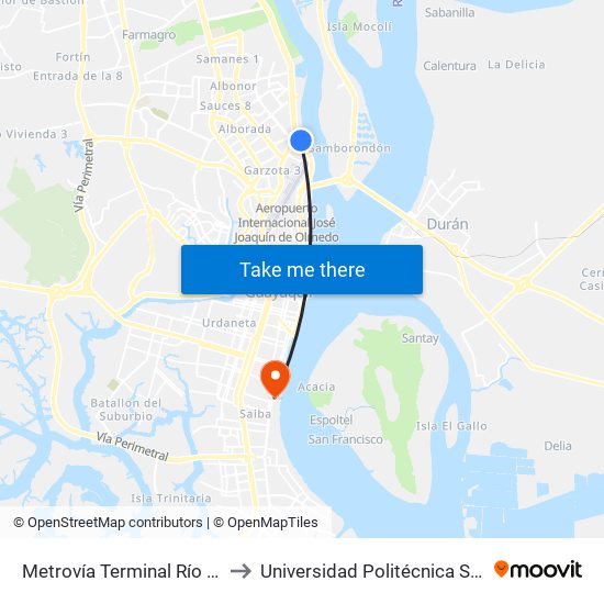 Metrovía  Terminal Río Daule. (Llegada) to Universidad Politécnica Salesiana - Oficinas map