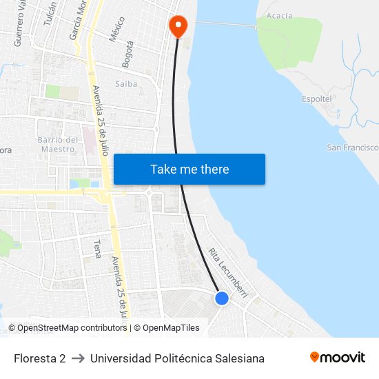 Floresta 2 to Universidad Politécnica Salesiana map