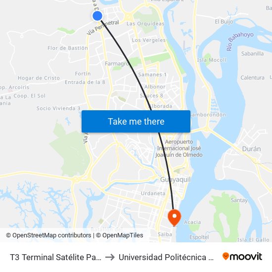 T3 Terminal Satélite Pascuales to Universidad Politécnica Salesiana map