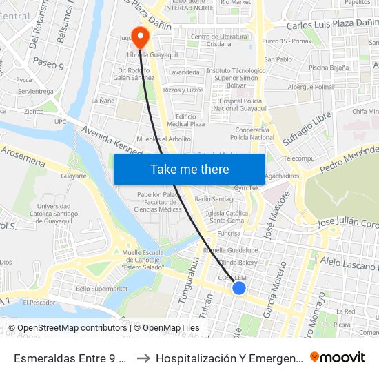 Esmeraldas Entre 9 De Octubre Y 1 De Mayo to Hospitalización Y Emergencia | Hospital Clínica Kennedy map