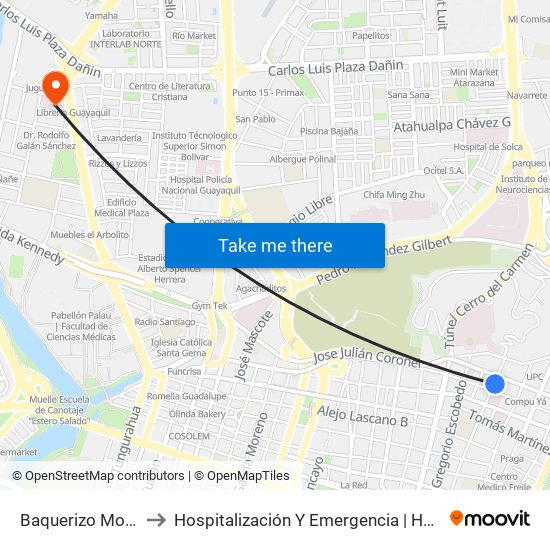 Baquerizo Moreno Y Loja to Hospitalización Y Emergencia | Hospital Clínica Kennedy map