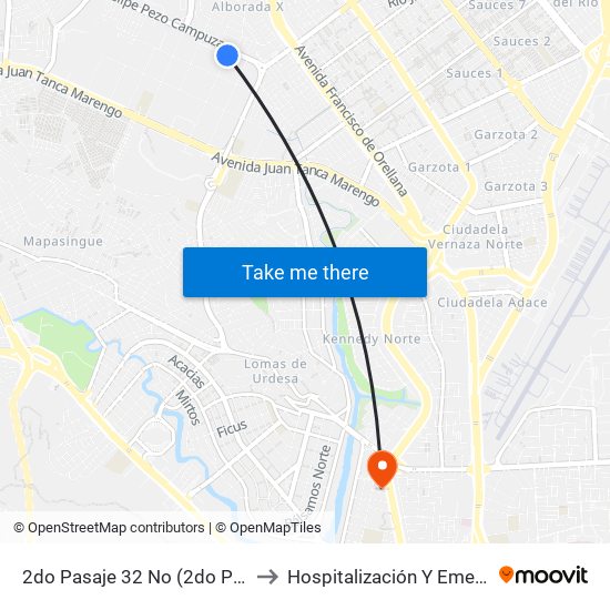 2do Pasaje 32 No (2do Pasaje 32) Y Calle 18j No (Felipe Pezo) to Hospitalización Y Emergencia | Hospital Clínica Kennedy map