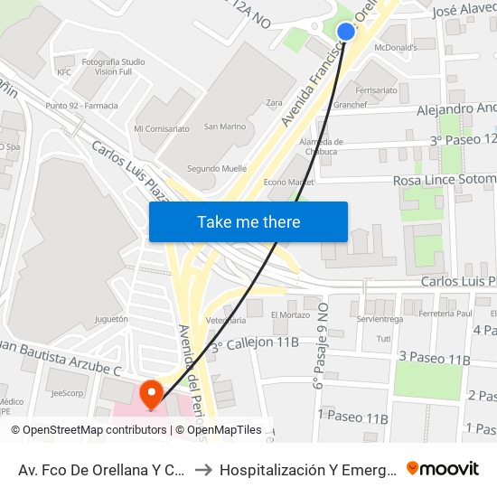 Av. Fco De Orellana  Y  Calle 12b (Ingreso Urb. Garzas) to Hospitalización Y Emergencia | Hospital Clínica Kennedy map