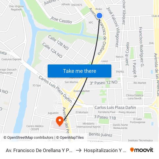 Av. Francisco  De Orellana Y Proyeccion Jose Castillo - Diagonal Al Ministerio Del Litoral to Hospitalización Y Emergencia | Hospital Clínica Kennedy map