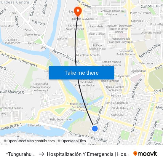 *Tungurahua Y Velez to Hospitalización Y Emergencia | Hospital Clínica Kennedy map