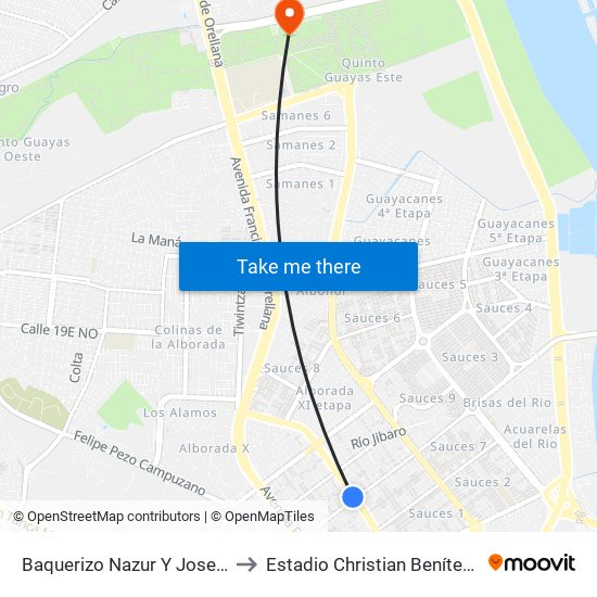 Baquerizo Nazur  Y Jose Maria Egas to Estadio Christian Benítez Betancourt map