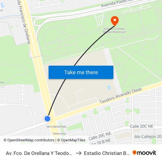 Av. Fco. De Orellana  Y  Teodoro Alvarado (Calle 21 No) to Estadio Christian Benítez Betancourt map