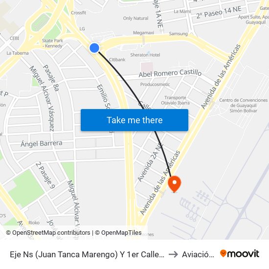 Eje Ns (Juan Tanca Marengo) Y 1er Callejon 13 NE (Calle Primera) to Aviación Naval map