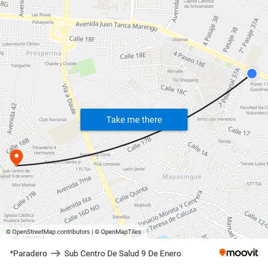 *Paradero to Sub Centro De Salud 9 De Enero map