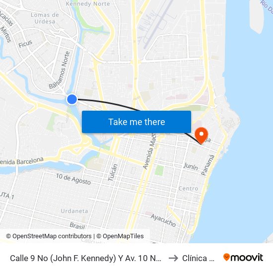 Calle 9 No (John F. Kennedy) Y Av. 10 No (Fortunato Safadi) (Guayarte) to Clínica Guayaquil map