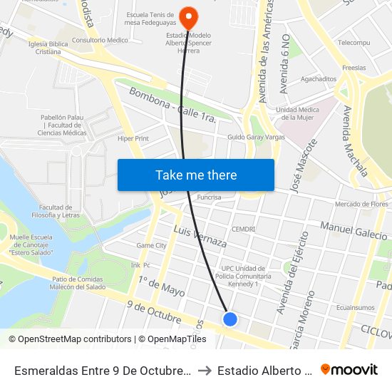 Esmeraldas Entre 9 De Octubre Y 1 De Mayo to Estadio Alberto Spencer map