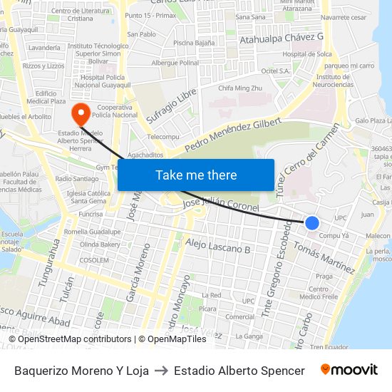 Baquerizo Moreno Y Loja to Estadio Alberto Spencer map