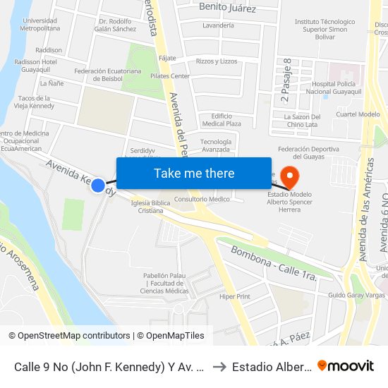 Calle 9 No (John F. Kennedy) Y Av. 10 No (Fortunato Safadi) to Estadio Alberto Spencer map