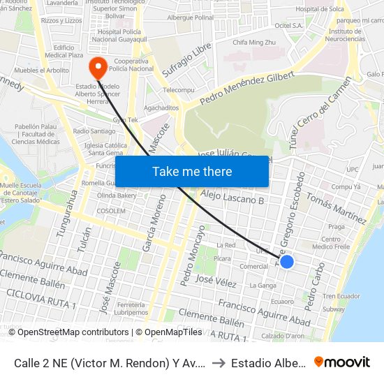 Calle 2 NE (Victor M. Rendon)  Y Av. 8 NE  (Baquerizo Moreno) to Estadio Alberto Spencer map