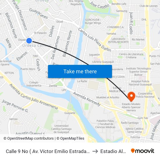 Calle 9 No ( Av. Víctor Emilio Estrada Y Av. Las Monjas (Bco. Del Pacifico) to Estadio Alberto Spencer map