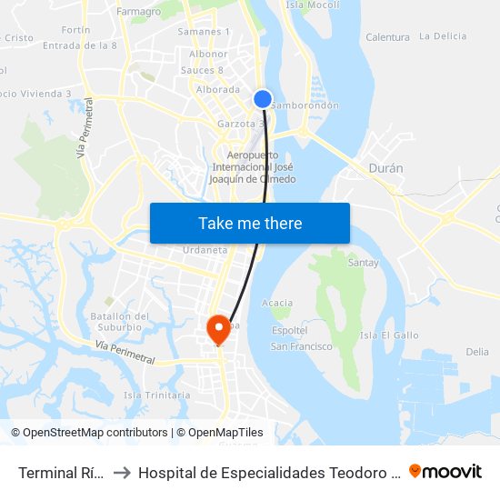 Terminal Río Daule to Hospital de Especialidades Teodoro Maldonado Carbo map