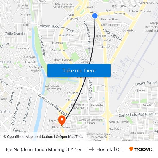 Eje Ns (Juan Tanca Marengo) Y 1er Callejon 13 NE (Calle Primera) to Hospital Clínica Kennedy map
