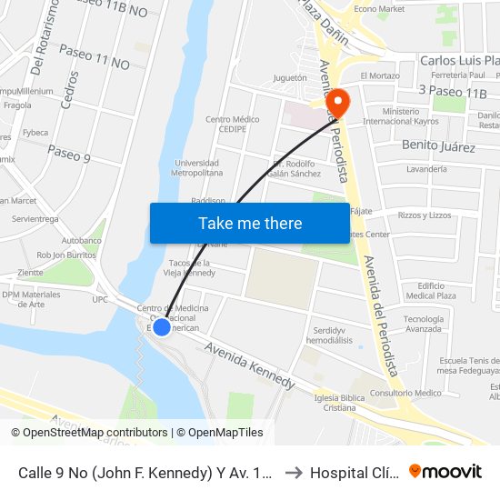 Calle 9 No (John F. Kennedy) Y Av. 10 No (Fortunato Safadi) (Guayarte) to Hospital Clínica Kennedy map