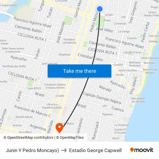 Junin Y Pedro Moncayo) to Estadio George Capwell map