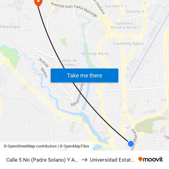 Calle 5 No (Padre Solano) Y  Avenida 2 No (Antepara) to Universidad Estatal De Guayaquil map