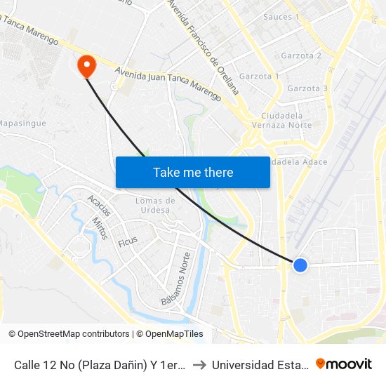 Calle 12 No (Plaza Dañin) Y 1er Pasaje 1 NE (Angel Flores) to Universidad Estatal De Guayaquil map