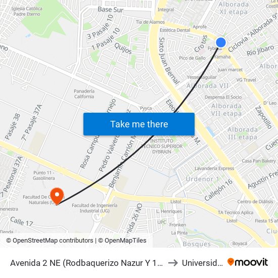 Avenida 2 NE  (Rodbaquerizo Nazur  Y 1er Callejon 18 NE (Lateral 12)Olfo Vaquerizo Nazur)  Y Proyeccion 1er Callejon 18 NE to Universidad Estatal De Guayaquil map