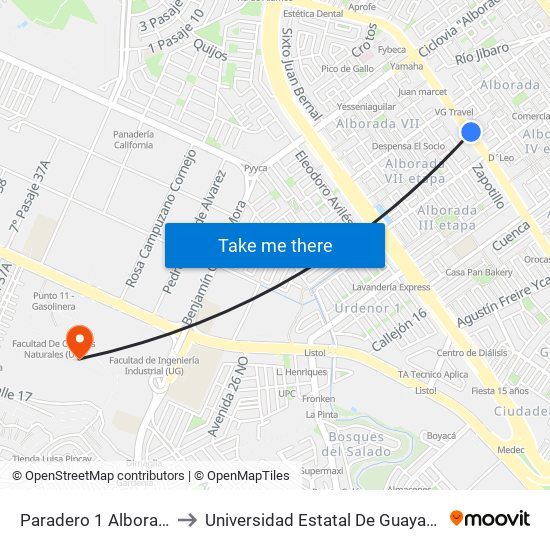 Paradero 1 Alborada to Universidad Estatal De Guayaquil map