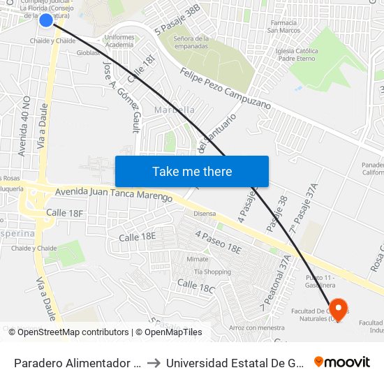 Paradero Alimentador Florida to Universidad Estatal De Guayaquil map