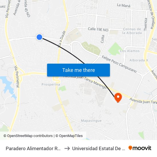 Paradero Alimentador Ruta Florida to Universidad Estatal De Guayaquil map
