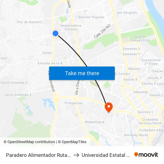 Paradero Alimentador Ruta Flor De Bastión to Universidad Estatal De Guayaquil map