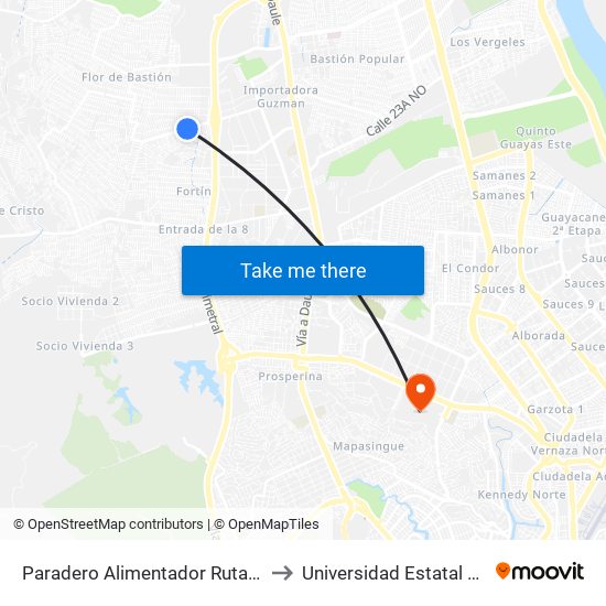 Paradero Alimentador Ruta Flor De Bastión to Universidad Estatal De Guayaquil map