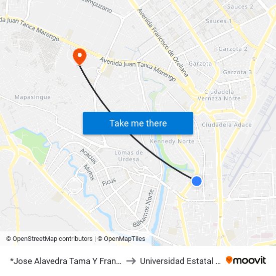 *Jose Alavedra Tama Y Francisco De Orellana to Universidad Estatal De Guayaquil map