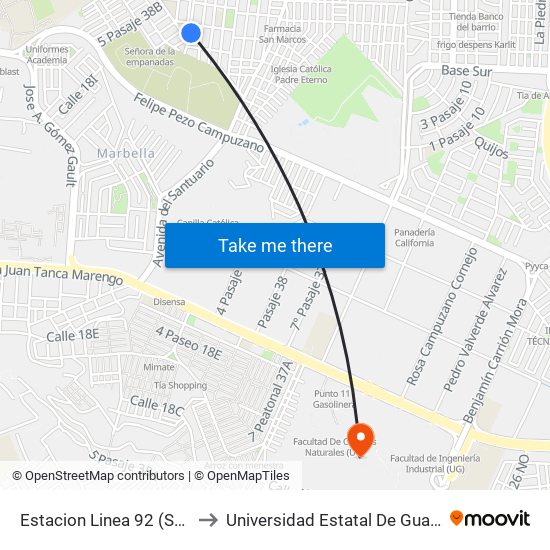 Estacion Linea 92 (Salida) to Universidad Estatal De Guayaquil map