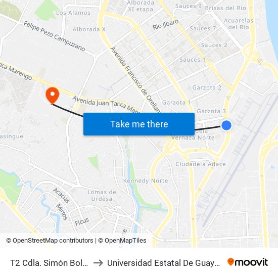 T2 Cdla. Simón Bolívar to Universidad Estatal De Guayaquil map