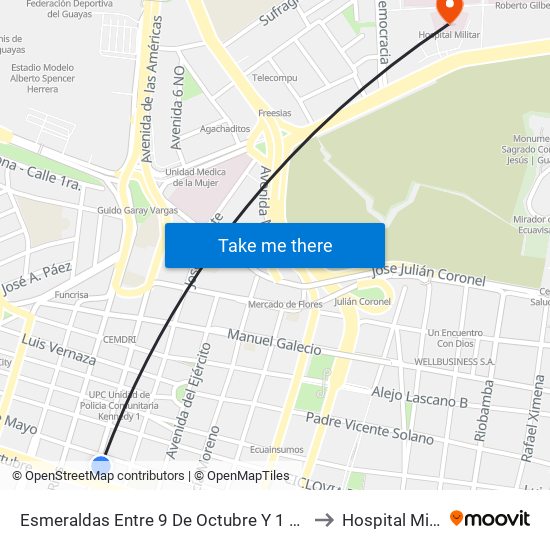 Esmeraldas Entre 9 De Octubre Y 1 De Mayo to Hospital Militar map